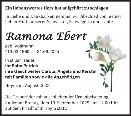 Traueranzeige von Ramona Ebert von Trauerkombi Aschersleben