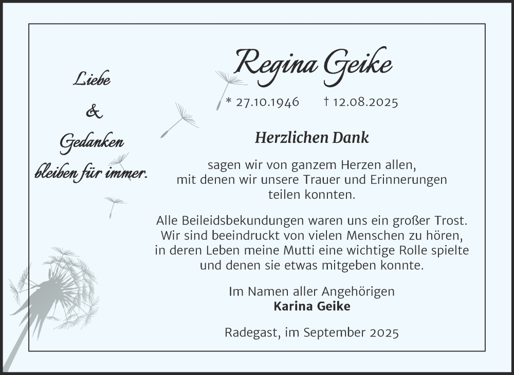  Traueranzeige für Regina Geike vom 20.09.2025 aus Trauerkombi Köthen