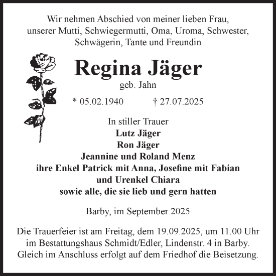 Traueranzeige von Regina Jäger von Volksstimme Schönebeck