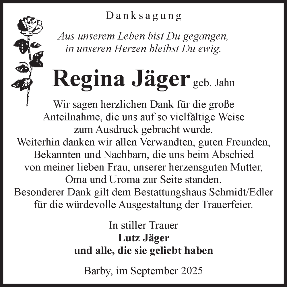 Traueranzeige für Regina Jäger vom 27.09.2025 aus Volksstimme Schönebeck
