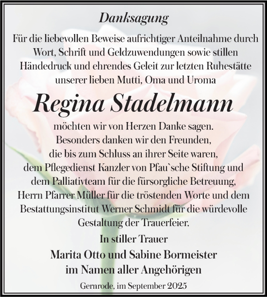 Traueranzeige von Regina Stadelmann von Trauerkombi Quedlinburg
