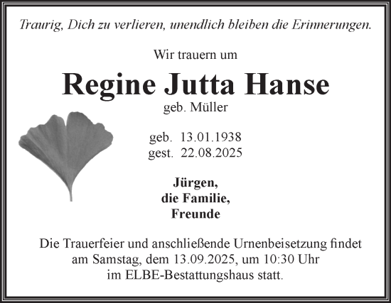 Traueranzeige von Regine Jutta Hanse von Volksstimme Magdeburg