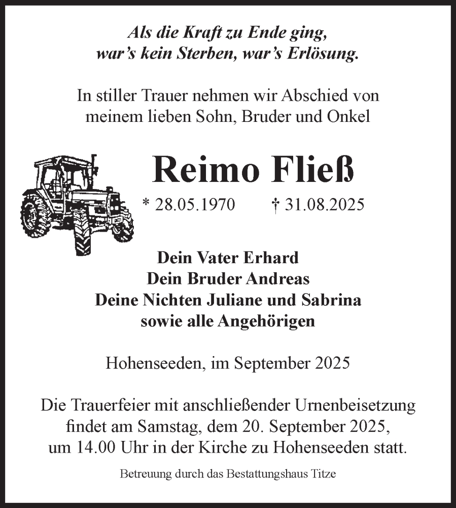  Traueranzeige für Reimo Fließ vom 13.09.2025 aus Volksstimme Burg/Genthin