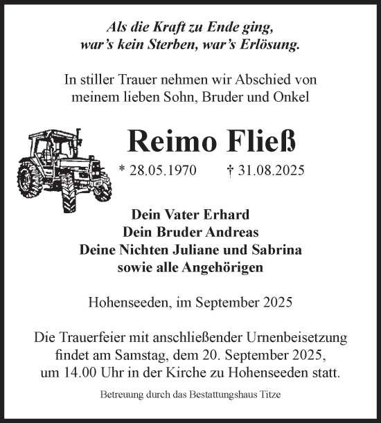 Traueranzeige von Reimo Fließ von Volksstimme Burg/Genthin