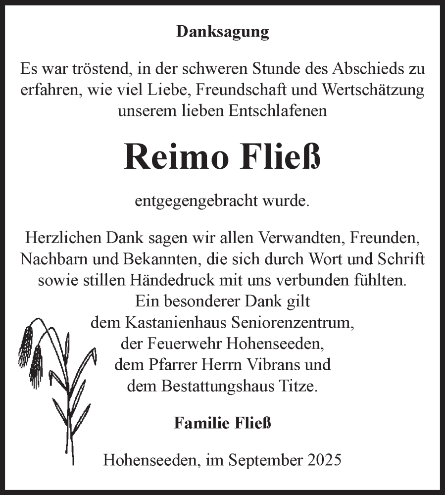  Traueranzeige für Reimo Fließ vom 27.09.2025 aus Volksstimme Burg/Genthin