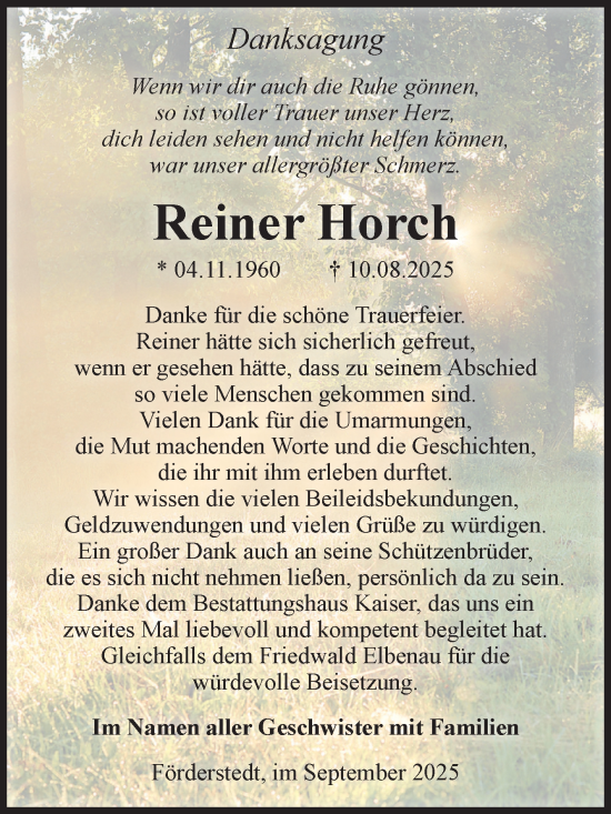 Traueranzeige von Reiner Horch von Volksstimme Staßfurt