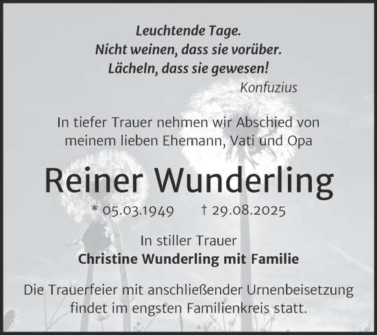 Traueranzeige von Reiner Wunderling von Trauerkombi Wittenberg