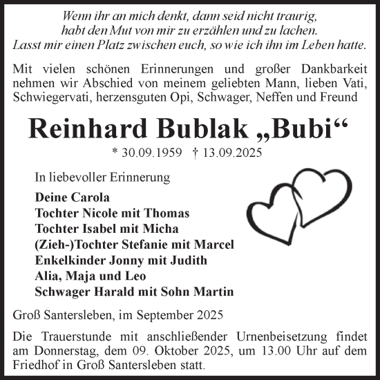 Traueranzeige von Reinhard Bublak von Volksstimme Magdeburg