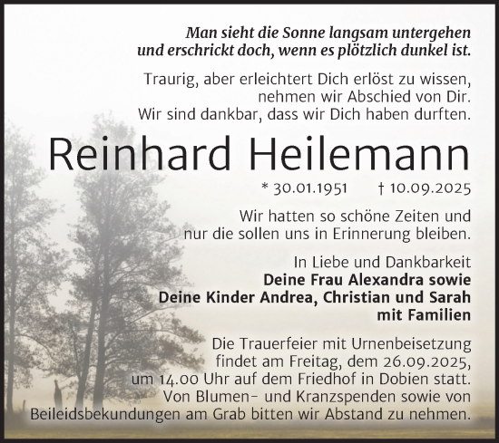 Traueranzeige von Reinhard Heilemann von Trauerkombi Wittenberg