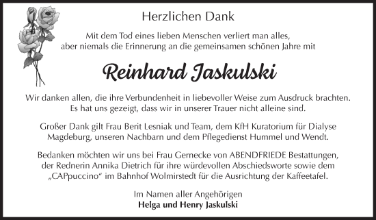 Traueranzeige von Reinhard Jaskulski von Volksstimme Haldensleben/Wolmirstedt