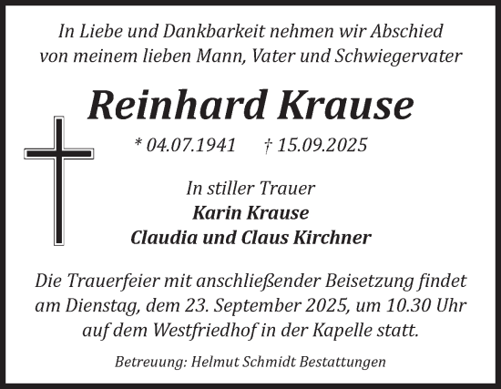 Traueranzeige von Reinhard Krause von Volksstimme Magdeburg
