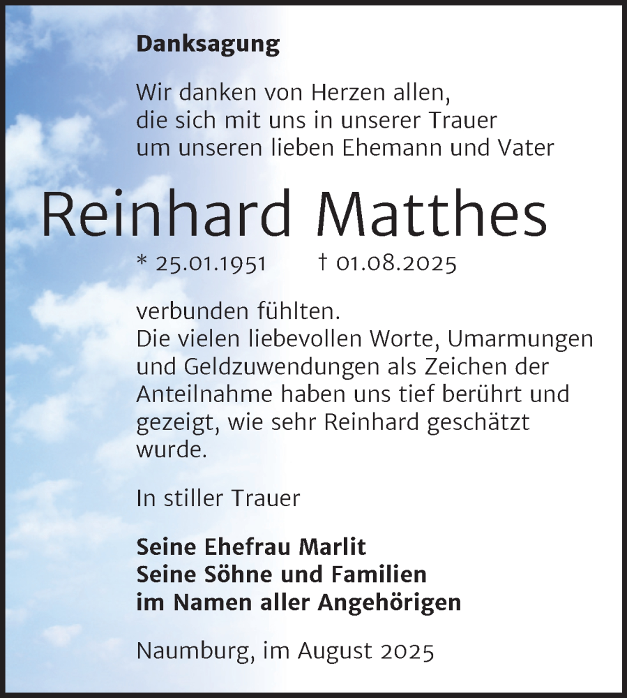  Traueranzeige für Reinhard Matthes vom 06.09.2025 aus Naumburger Tageblatt