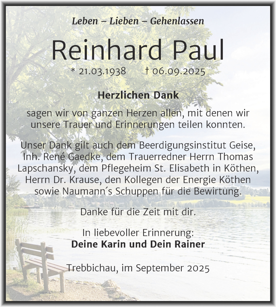 Traueranzeige für Reinhard Paul vom 27.09.2025 aus Trauerkombi Köthen