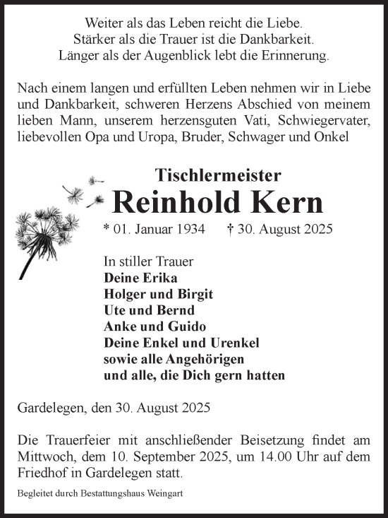 Traueranzeige von Reinhold Kern von Volksstimme Altmark West