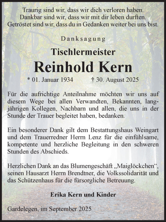 Traueranzeige von Reinhold Kern von Volksstimme Altmark West