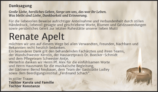 Traueranzeige von Renate Apelt von Trauerkombi Wittenberg