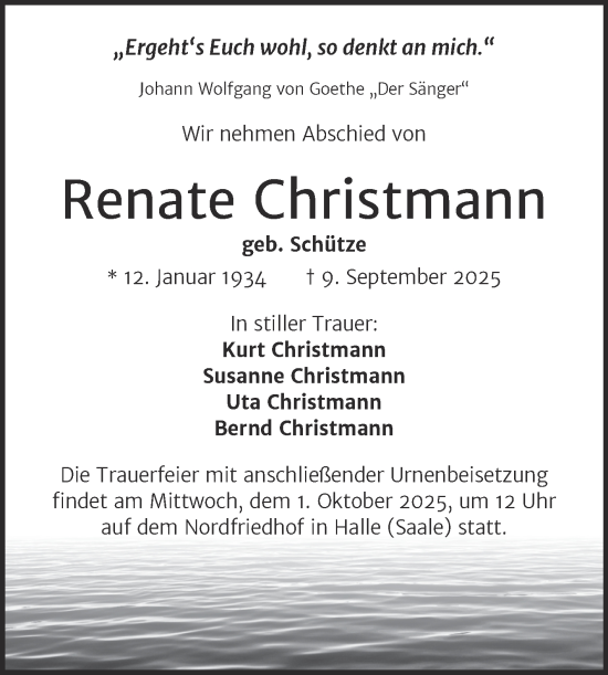 Traueranzeige von Renate Christmann von Mitteldeutsche Zeitung Halle/Saalkreis