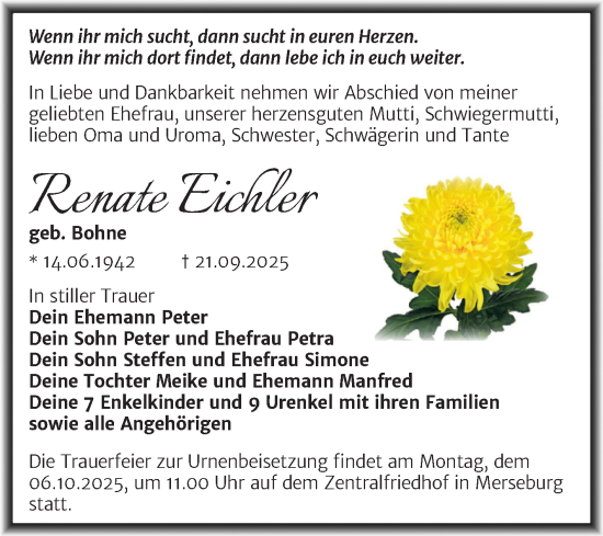 Traueranzeige von Renate Eichler von Trauerkombi Merseburg