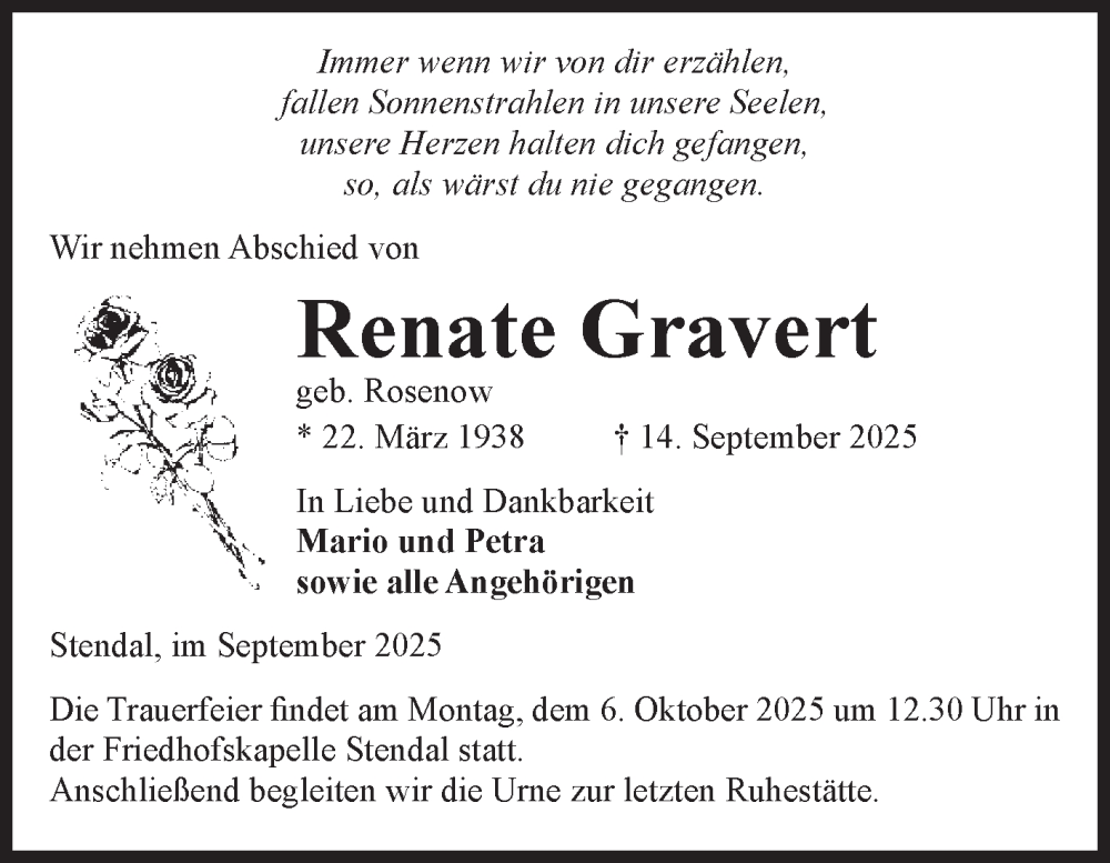  Traueranzeige für Renate Gravert vom 27.09.2025 aus Volksstimme Altmark Ost