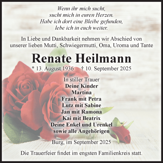 Traueranzeige von Renate Heilmann von Volksstimme Burg/Genthin
