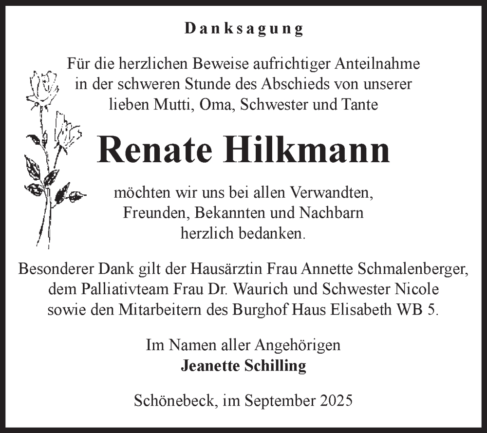 Traueranzeige für Renate Hilkmann vom 27.09.2025 aus Volksstimme Schönebeck