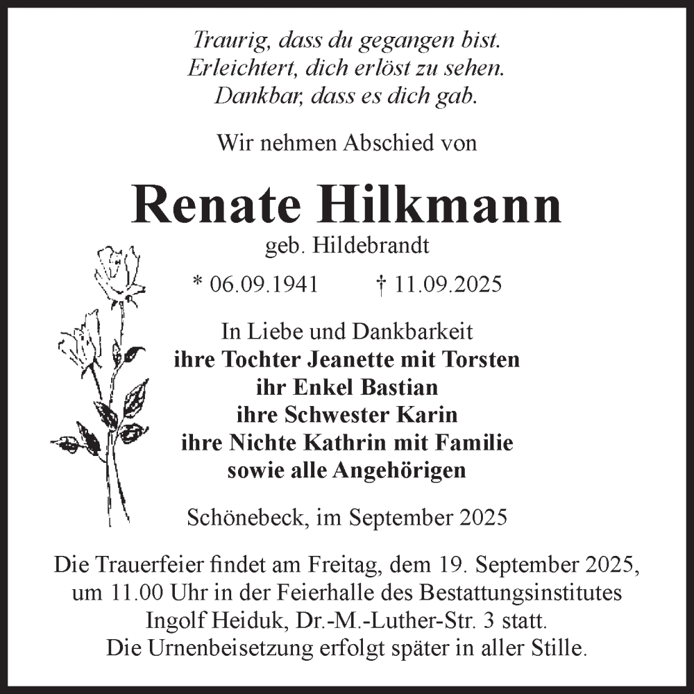  Traueranzeige für Renate Hilkmann vom 17.09.2025 aus Volksstimme Schönebeck