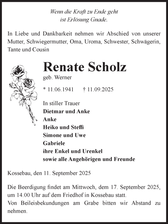 Traueranzeige von Renate Scholz von Volksstimme Altmark Ost