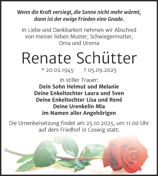 Traueranzeige von Renate Schütter von Trauerkombi Wittenberg
