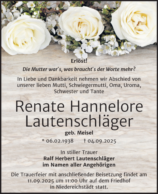 Traueranzeige von Renate Hannelore Lautenschläger von Mitteldeutsche Zeitung Merseburg/Querfurt