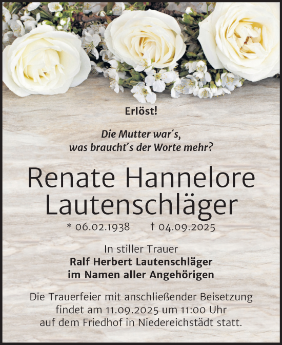Traueranzeige von Renate Hannelore Lautenschläger von Mitteldeutsche Zeitung Merseburg/Querfurt