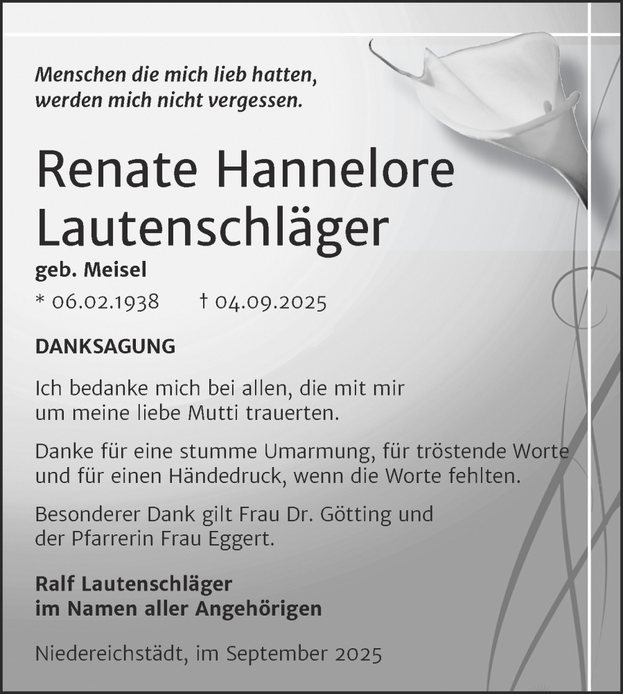  Traueranzeige für Renate Hannelore Lautenschläger vom 20.09.2025 aus Trauerkombi Merseburg