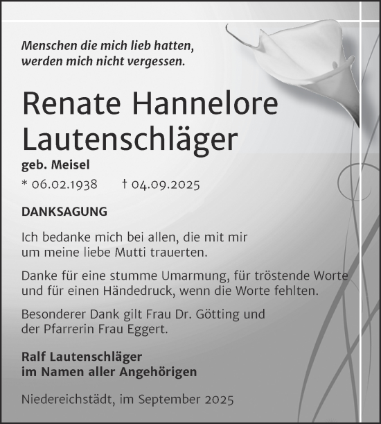 Traueranzeige von Renate Hannelore Lautenschläger von Trauerkombi Merseburg