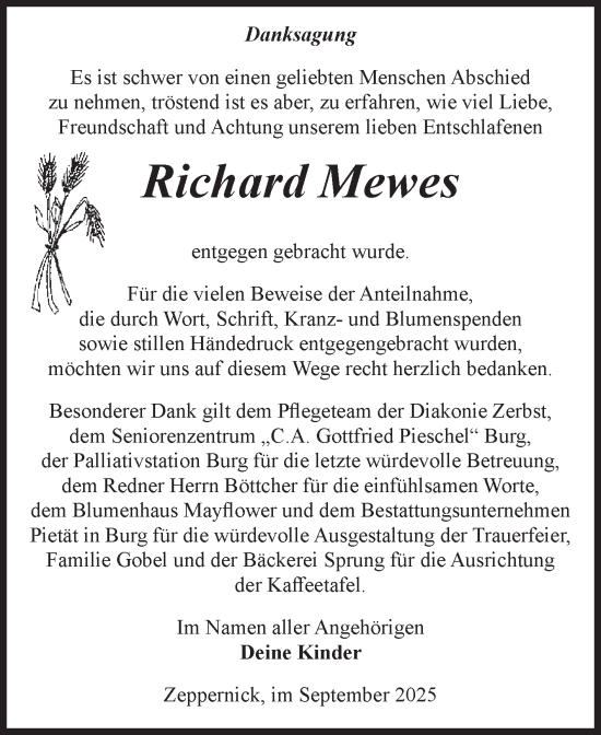 Traueranzeige von Richard Mewes von Volksstimme Burg/Genthin