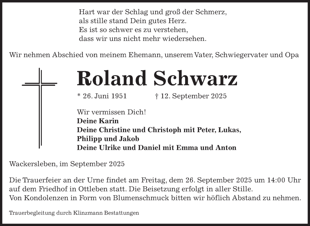  Traueranzeige für Roland Schwarz vom 20.09.2025 aus Volksstimme Oschersleben/Wanzleben