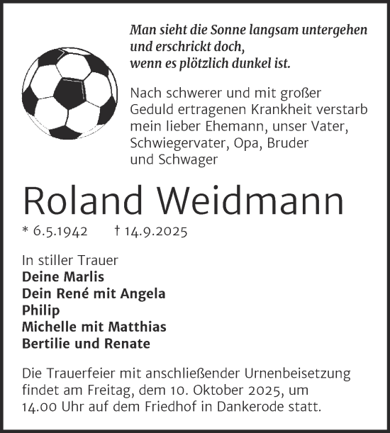 Traueranzeige von Roland Weidmann von Trauerkombi Quedlinburg