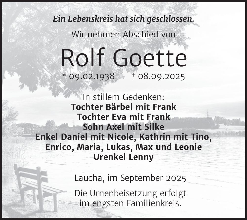  Traueranzeige für Rolf Goette vom 20.09.2025 aus Super Sonntag Naumburg/Nebra