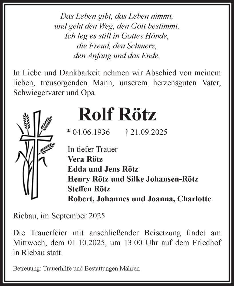  Traueranzeige für Rolf Rötz vom 25.09.2025 aus Volksstimme Altmark West
