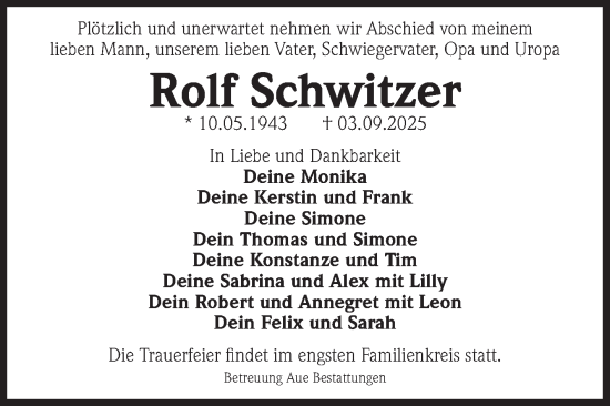 Traueranzeige von Rolf Schwitzer von Volksstimme Magdeburg