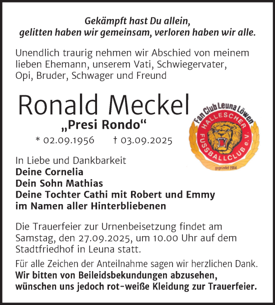 Traueranzeige von Ronald Meckel von Trauerkombi Merseburg