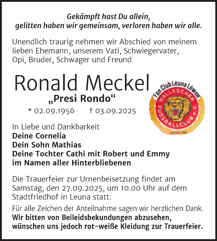  Traueranzeige für Ronald Meckel vom 13.09.2025 aus Trauerkombi Merseburg