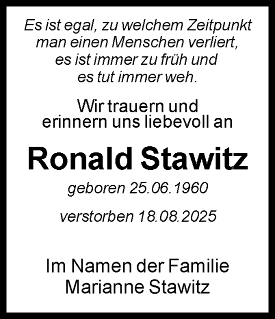 Traueranzeige von Ronald Stawitz von Volksstimme Magdeburg