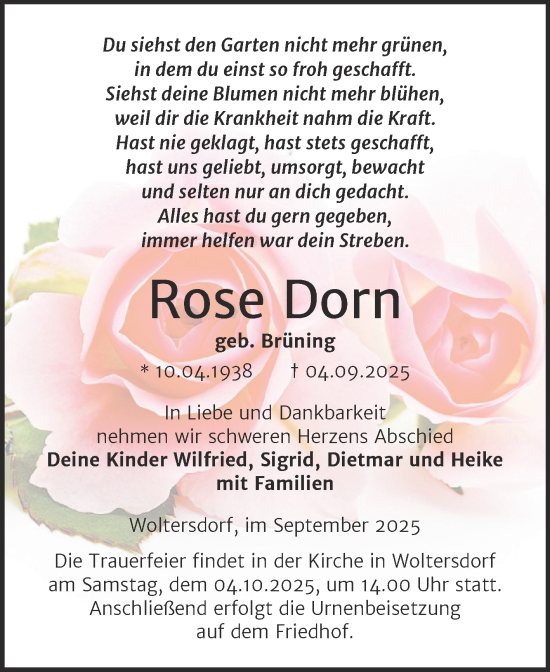 Traueranzeige von Rose Dorn von Trauerkombi Wittenberg