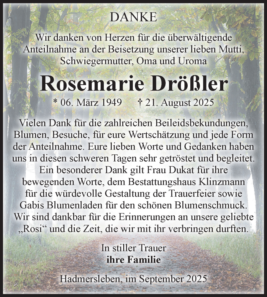  Traueranzeige für Rosemarie Drößler vom 27.09.2025 aus Volksstimme Oschersleben/Wanzleben