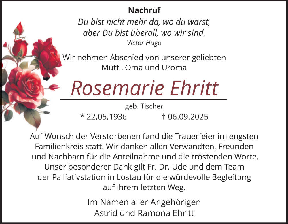  Traueranzeige für Rosemarie Ehritt vom 27.09.2025 aus Volksstimme Magdeburg