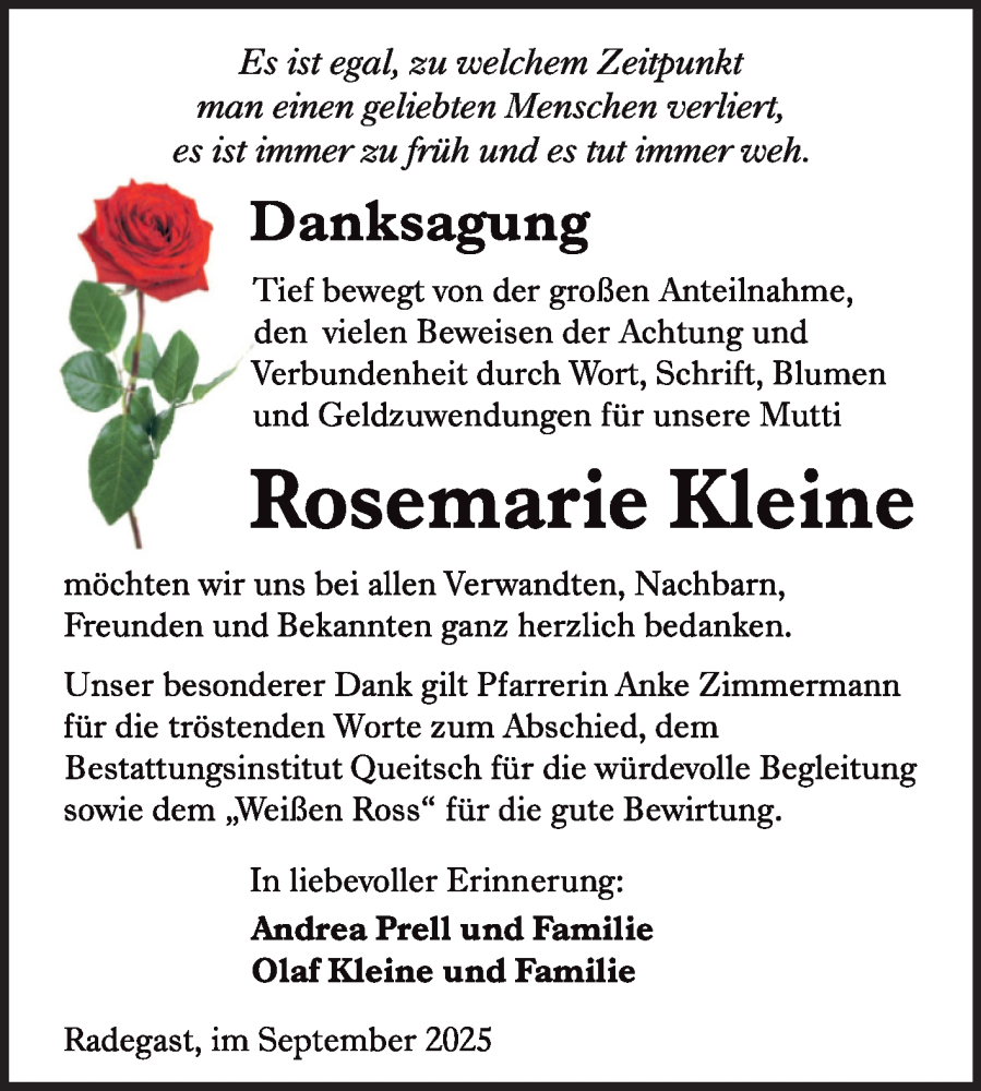  Traueranzeige für Rosemarie Kleine vom 13.09.2025 aus Trauerkombi Köthen