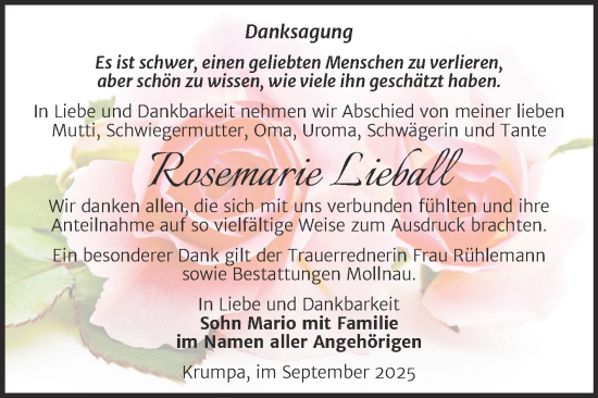 Traueranzeige von Rosemarie Lieball von Trauerkombi Merseburg