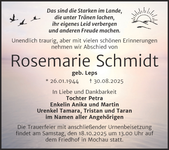 Traueranzeige von Rosemarie Schmidt von Trauerkombi Wittenberg