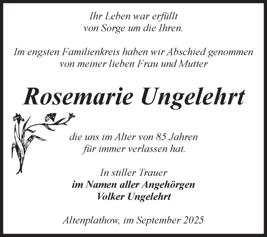 Traueranzeige von Rosemarie Ungelehrt von Volksstimme Burg/Genthin