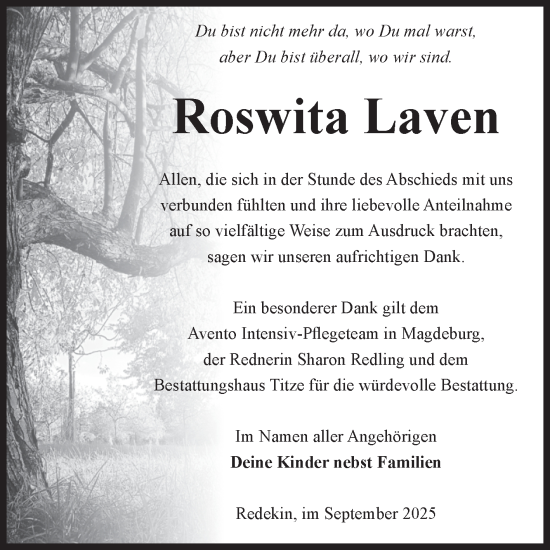 Traueranzeige von Roswita Laven von Volksstimme Burg/Genthin