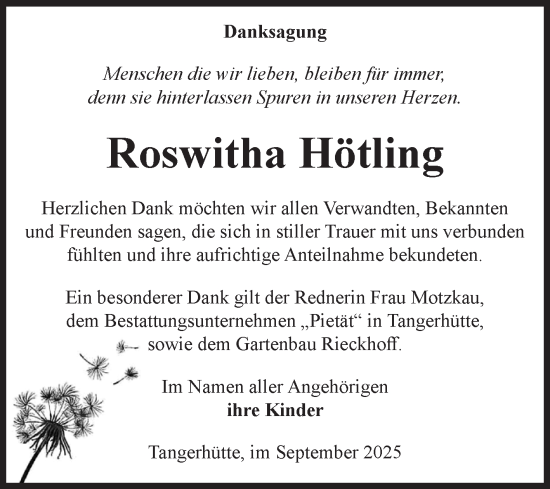 Traueranzeige von Roswitha Hötling von Volksstimme Altmark Ost